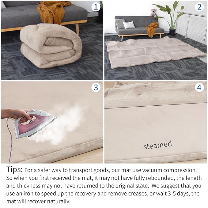 Huloo Sleep Baby Play Mat for Floor,1.3" Thick Elasti-Foam 50x50 Playpen Mat for Toddlers Infant Kids,Water-Repellent Soft Coral Velvet Tummy Time Mat,Non Slip Crawling Mat,Tatami Mat(Beige)