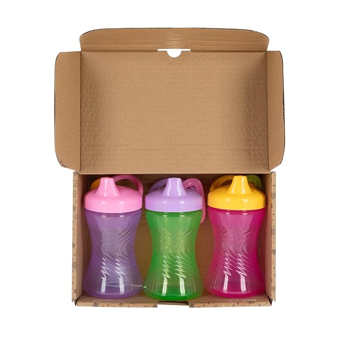 Nuby No-Spill Hard Spout Sippy Cup with Easy Grip - (3-Pack) 10 oz - Baby Sippy Cup for 6+ Month Old - Pink/Green/Purple