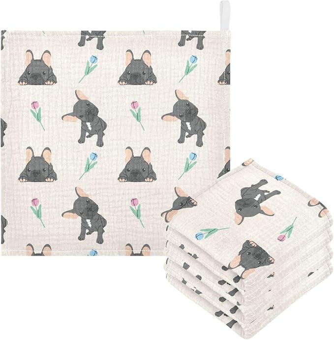 vvfelixl Baby Cotton Washcloths Black French Bulldog Infants Bath Towel for Unisex Face Towels for Newborn, Natural Baby Wipes Delicate Skin, 11.8 X 11.8 inch, one sizex5