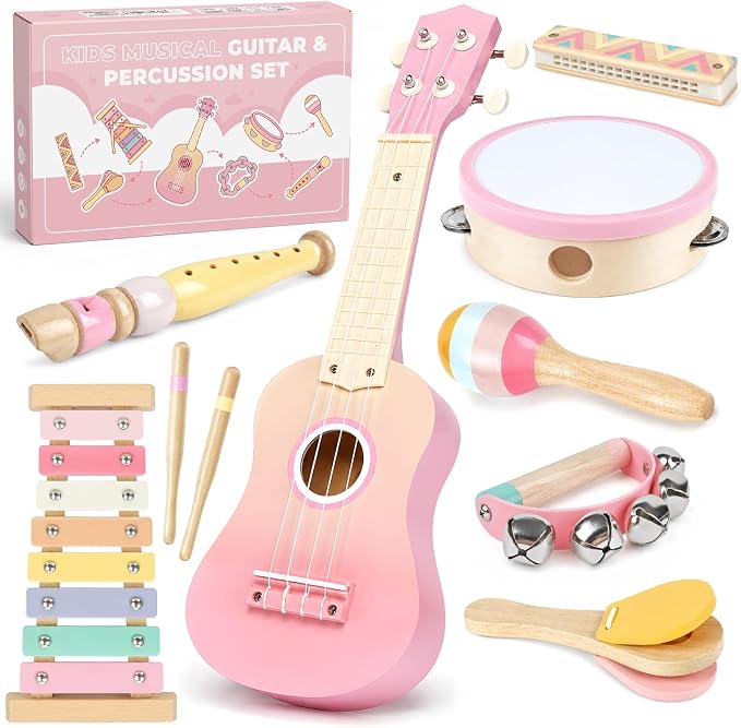 Pink Kids Guitar Set - 8 in 1 Toddler Musical Instruments,Montessori Wooden Ukulele Xylophone Tambourine Maracas Flute,Toy Guitar for Toddler Girl Ages 1-3, 2 3 4 Year Old Girl Birthday Gift