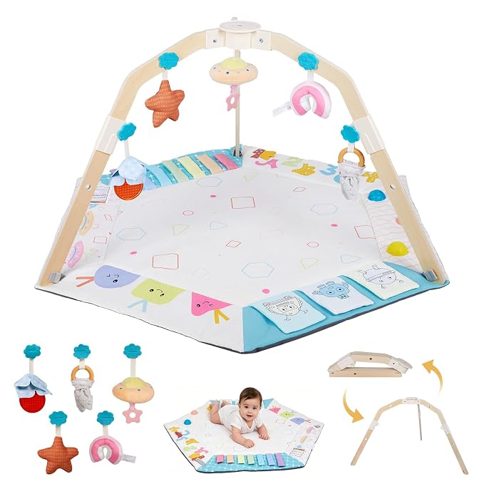 Baby Play Gym Activity Mat with Multiple Developmental Zones, Stage-Based Play for Infant Motor Skills, 5 Detachable Sensory Toys, Easy to Install & Clean, Baby Essentials Shower Gift