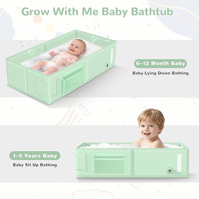 Collapsible Baby Bathtub, Foldable Toddler Bath Tub with Chick Pattern Bath Rinse Cup, No Assembly Portable Travel Bathtub for 6M-5Y, Ideal for Shower, Travel Essentials & Baby Registry Gift