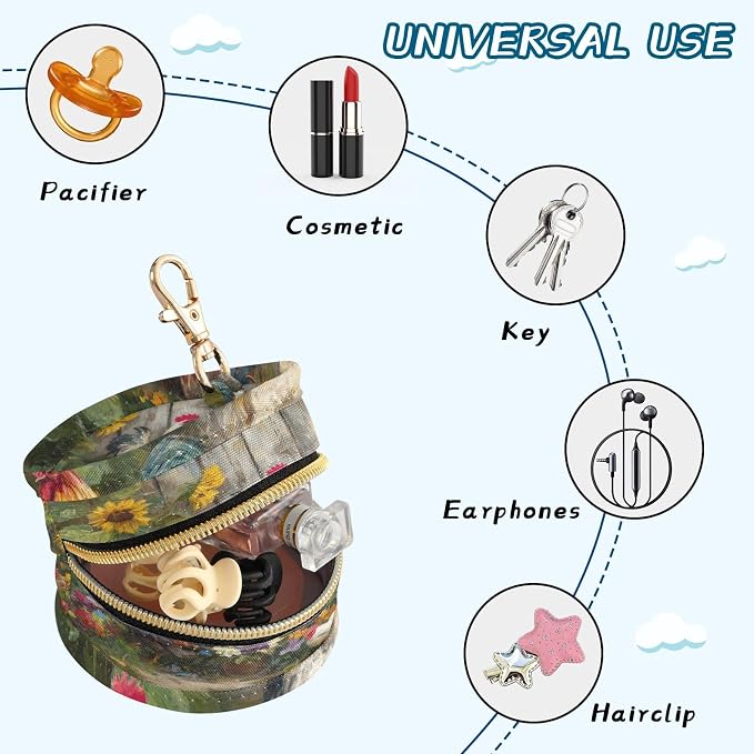 Pacifier Holder with Clip Pacifier Case for Diaper Bag Round Baby Pacifier Pouch Box Bag Portable Oil Pattern Roosters Sunflower