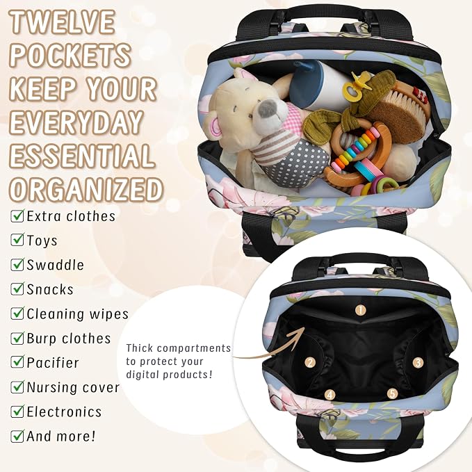 Pink Rose Butterfly Diaper Bag Backpack-Multi-functional mother and baby bag Thermal compartment USB charging port Large capacity Multi-pocket organizer Stroller can be hung Travel shopping
