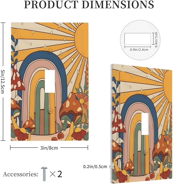 Boho Sun Rainbow Mushroom Hippie Vintage Floral Decorative Light Switch Cover 1 Gang Single Toggle Device Electrical Faceplate Switchplates Decorator Outlet Wall Plate for Kids Room Nursery Decor