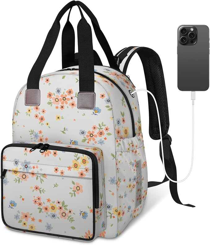 Pink little flower Diaper Bag Backpack-Multi-functional mother and baby bag Thermal compartment USB charging port Large capacity Multi-pocket organizer Stroller can be hung Travel shopping