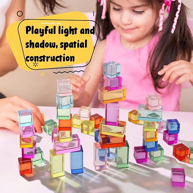 Dinhon 10 Pcs 10 Unique Colors Elongated Acrylic Blocks - 2.5x2.5x5CM Rainbow Gem Rectangular Cubes, Sensory Stacking Toy for Toddlers 1-5, Birthday Gift for Kids