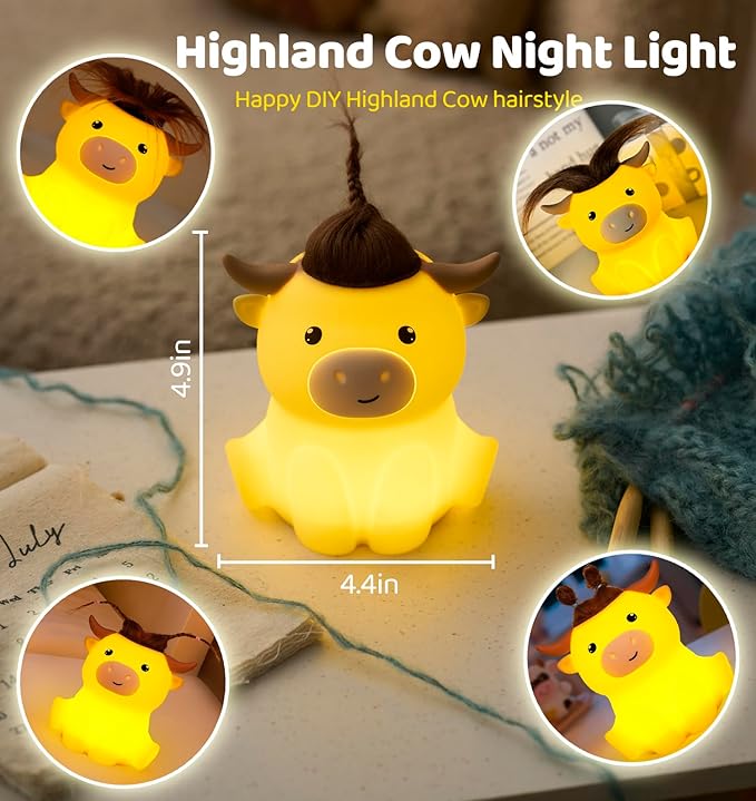 DREAMING MY DREAM Highland Cow Night Light,Cute Dimmable Farm Animal Highland Cattle Lamp,Soft Bedside Lamp for Nursery Bedroom,Decor Gifts for Adults Kids Boys Girls Christmas Gifts