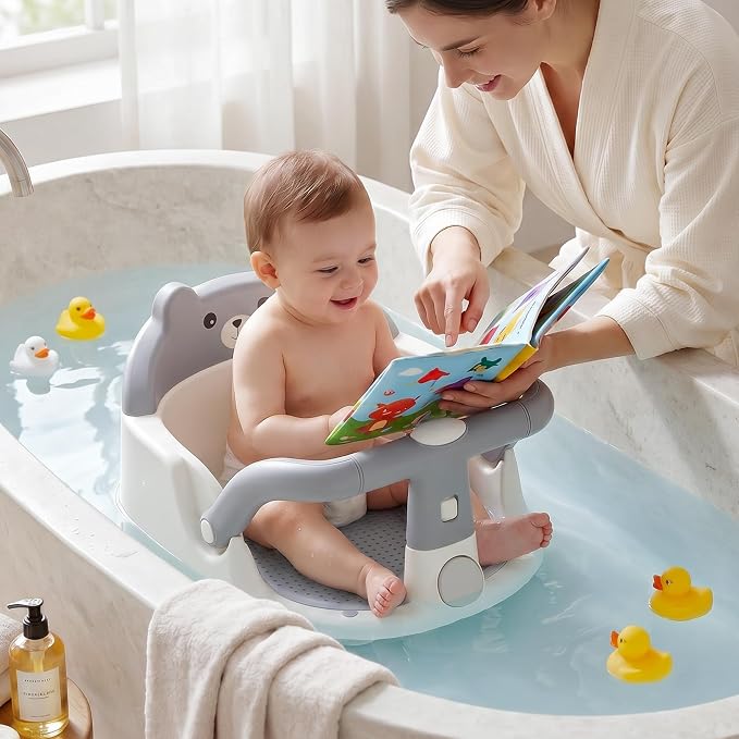 Baby Bath Seat for Babies 6 Months & Up, Non-Slip Toddler Bath Seat with Suction Cup, Baby Friendly and Comfortable Portable Infant Bathtub Chair Sitting Up for Bathroom (Grey)