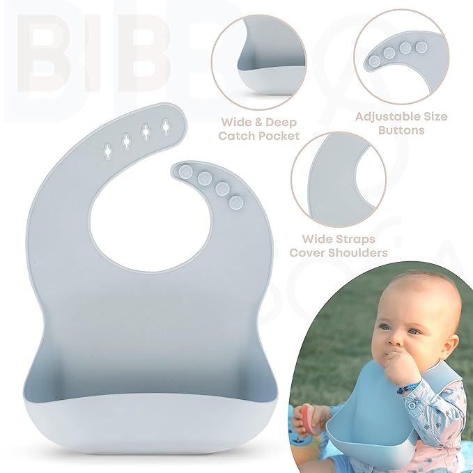 BPA-Free Non-Toxic Silicone Baby Feeding Set ??Suction Plate, Bowl, Bib & Cup ??11-Piece Baby Led Weaning Set for Ages 6-18 Months ??Eco Gift Bag (Dusty Blue)