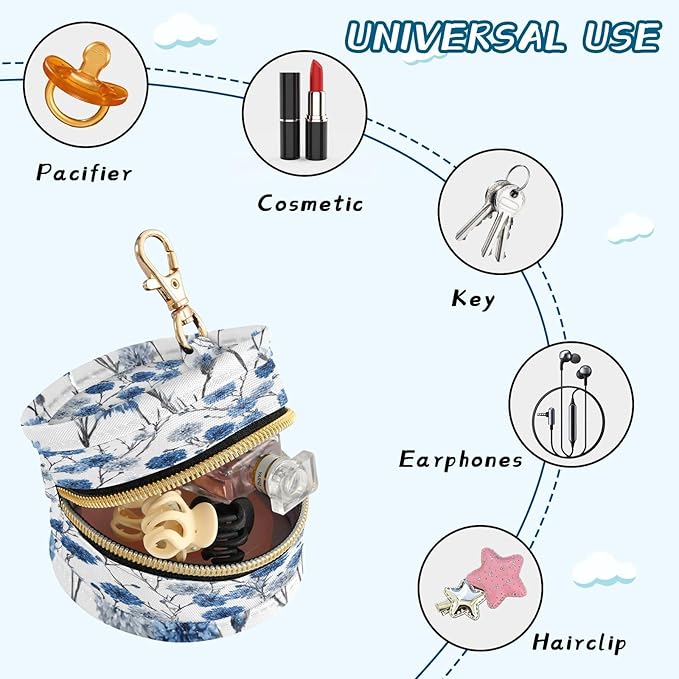 Pacifier Holder with Clip Pacifier Case for Diaper Bag Round Baby Pacifier Pouch Box Bag Portable Washable Chinese Style Cornflower