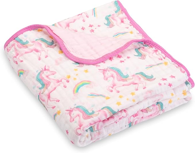 LollyBanks Baby Blanket, 100% Organic Cotton Muslin Baby Quilt for Girls, Large 47 x 47 Inches, 6 Layers Soft and Breathable Toddler Blanket, Cozy Newborn Nursery Blankets, Registry (Unicorn Print)