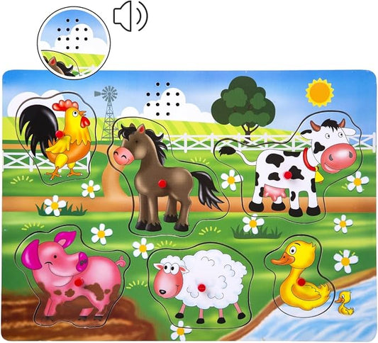 Farm Animals Sound Puzzle,Voice Puzzle, Wooden Peg Puzzles with Sound for Toddlers and Preschoolers Ages 2yrs+, Kids Educational Learning Peg Puzzles Toy Gift (6pcs)