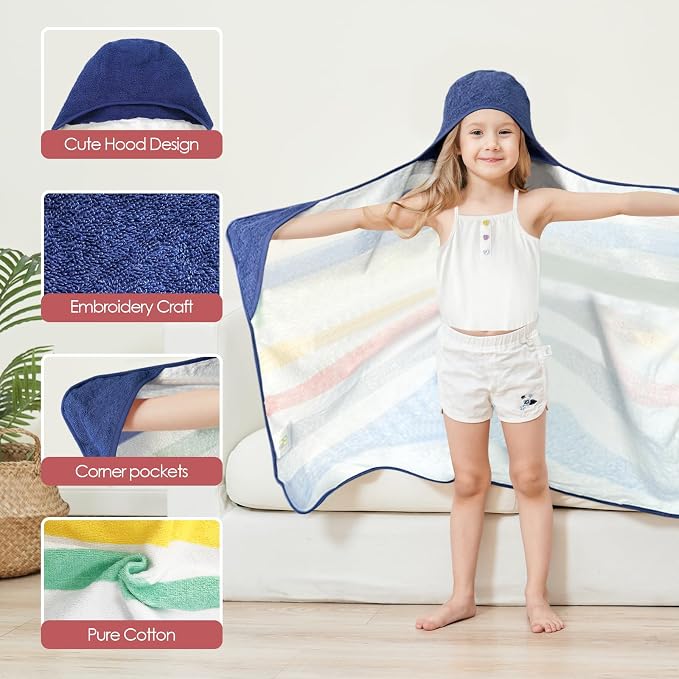 Style Quarters 100% Cotton Kids Hooded Bath Towel with Colorful Stripe Design - Large 50"x24" Soft Terry Toddler Beach Towel, Rainbow Hooded Towel for Boys & Girls (Rainbow)