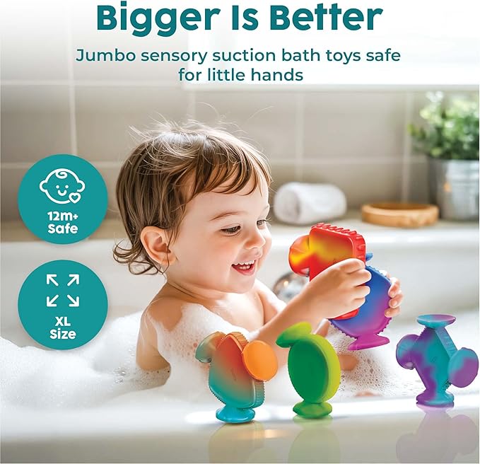 BUNMO Big Shapes Color-Changing Textured Suction Bath Toys for Toddlers 1?? (10 Pack), Extra Large Silicone Bathtub Toys, BPA-Free Suction Cup Toys, Bath Toys for Kids Ages 1+, Sensory Bath Toys