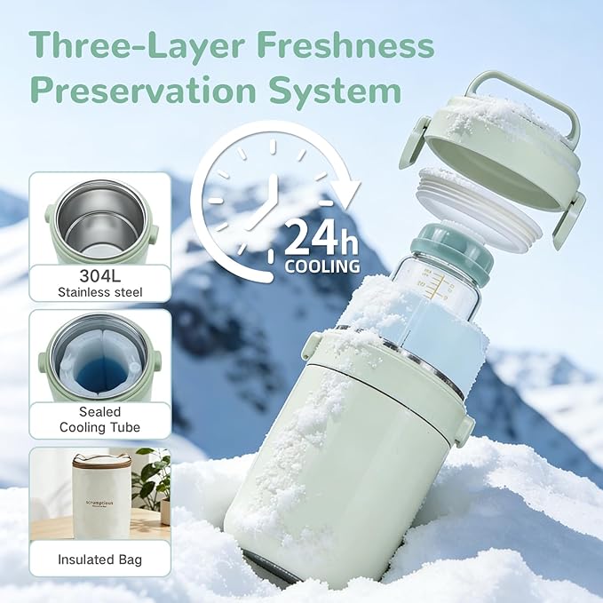 COMI Breast Milk Cooler,24H Triple-Layer Cooling,Breastmilk Storage Bottles Container, 10.1oz Leak Proof Outdoor Small Freezer,for Travel, Work, Night Pumping, Gift for New Moms(Green)