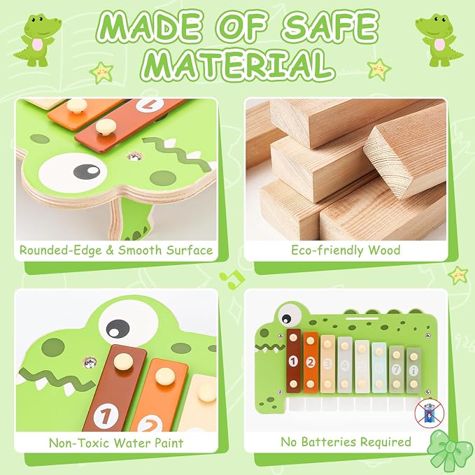 Baby Piano Xylophone Musical Toys - 2 in 1 Wooden Montessori Crocodile Toys for Toddler Kids, 8 Multicolored Key Keyboard Instruments, Preschool Educational Musical Learning Toy for Girls Boys