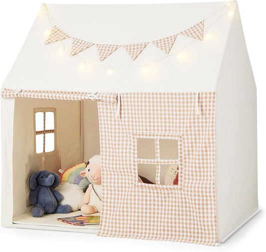 Costzon Kids Tent, Large Playhouse for Indoor Outdoor Play w/Padded Mat, 2 Breathable Windows & 2 Storage Pockets, Star Lights & Flag Banner Included, Toddler Tent for Boys Girls Aged 3-8 Years Old