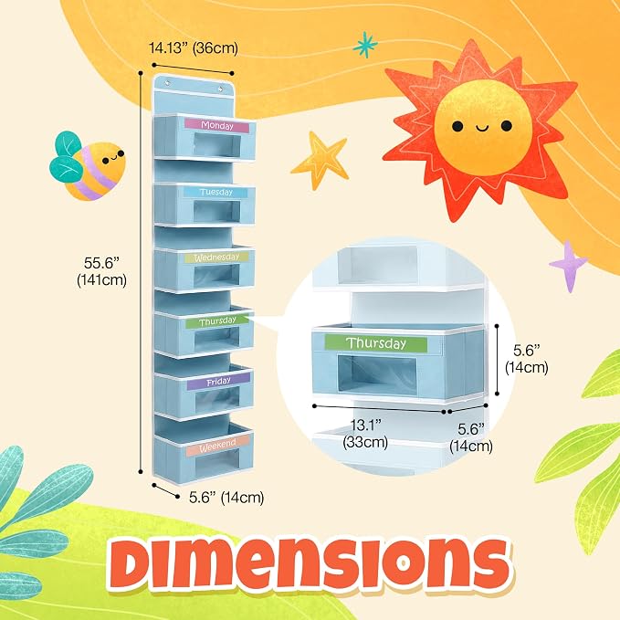 Houseables Weekly Clothes Organizer for Kids, Days of the Week Clothes Organizer, Kids Closet, Daily Outfit Storage, Monday Through Friday Clothing, Weekday, M-F, School, Hanging, Over Door, 6 Shelf
