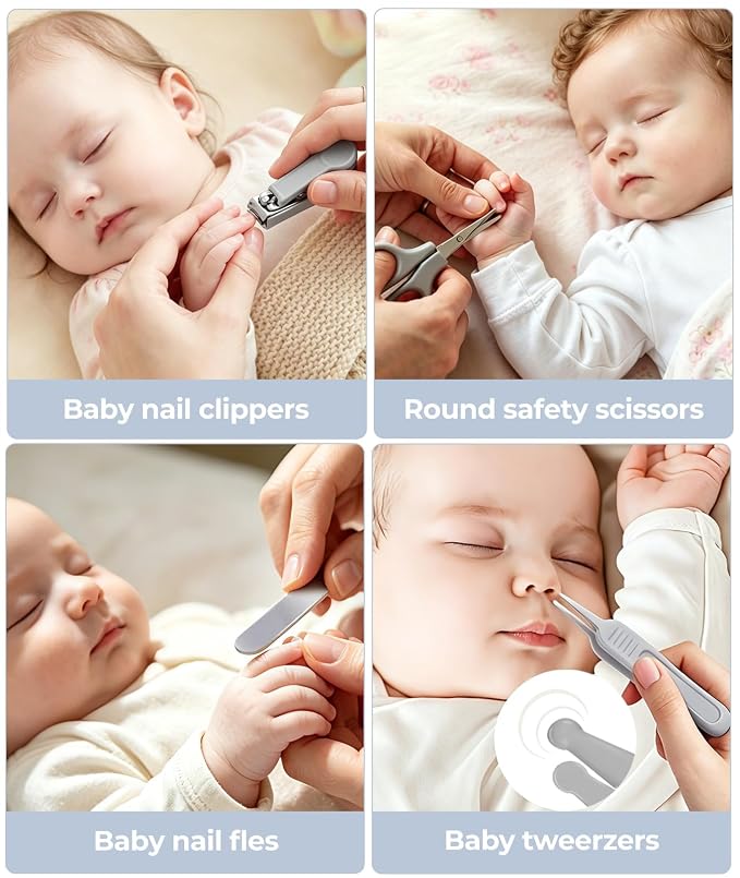 Baby Healthcare and Grooming Kit, Safety Newborn Nursery Baby Care Kit, with Hair Brush Comb, Nail Clipper, Thermometer, Pacifier Clip, Baby Registry Search, Newborn Essentials Girls Boys (Grey)