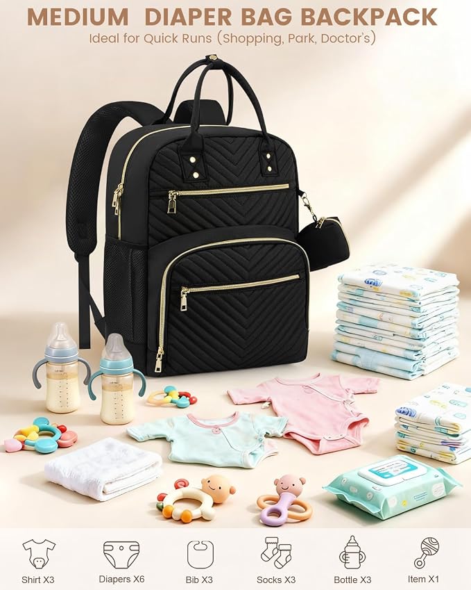 Pritent Diaper Bag Backpack,Baby Essentials Diapers Bag with Pacifier Case,Multipurpose Stylish Large Capacity Travel Backpack for Baby Girl/Boy(M-Black)