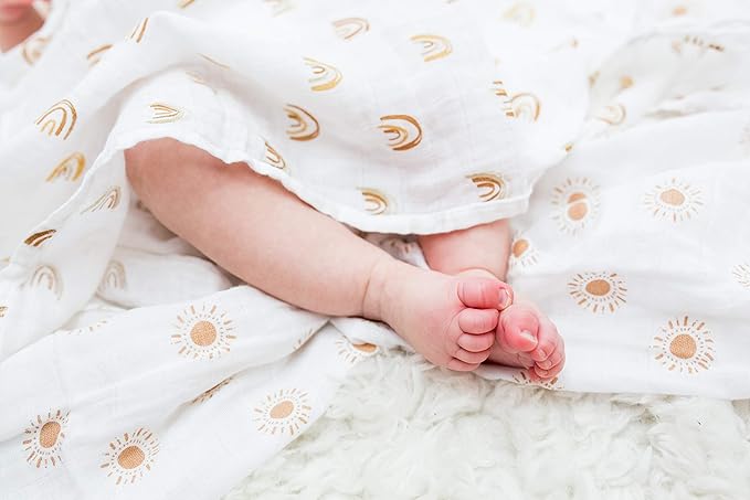 Lulujo Baby Swaddle Blankets | Unisex Softest Breathable Cotton Muslin Swaddle Blanket Set | Neutral Receiving Blanket for Girls & Boys | 40in x 40in | Rainbows & Suns | 2-Count