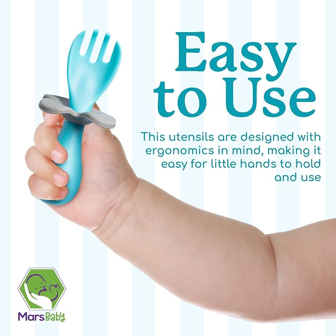 Mars Baby Flower Design Baby and Toddler Self-Feeding Training Utensils - Easy to Hold and Use Led Weaning, Protective Choke Barrier - Blue