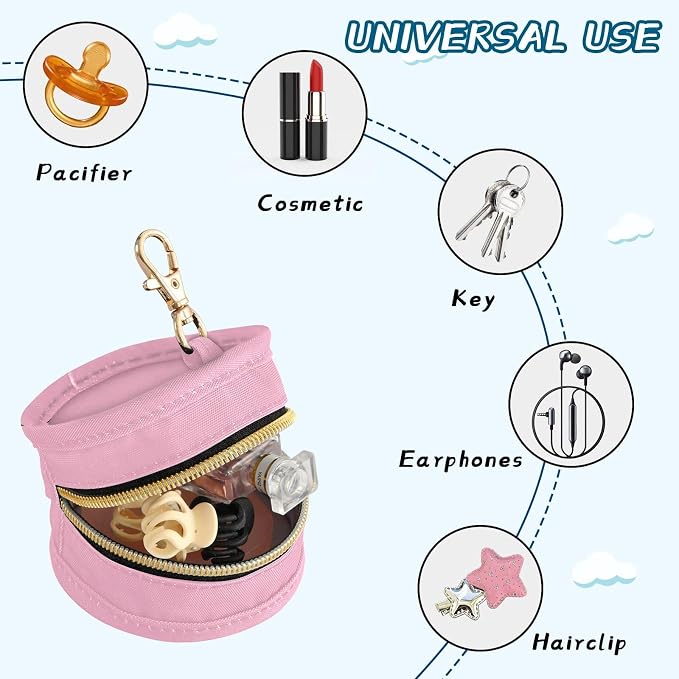 Pink Pacifier Holder Case Newborn Pacifier Storage Pouch for Boys Girls Easy Attach to Diaper Bag Portable Baby Essentials Container