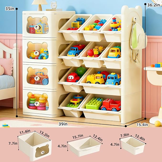 Toy Storage Organizer with 4 Drawers and 10 Bins, 4-Tier Bookshelf with Removable Storage Bins, Cute Bear Cartoon Design, Sturdy Organizer for Playroom, Nursery, Classroom