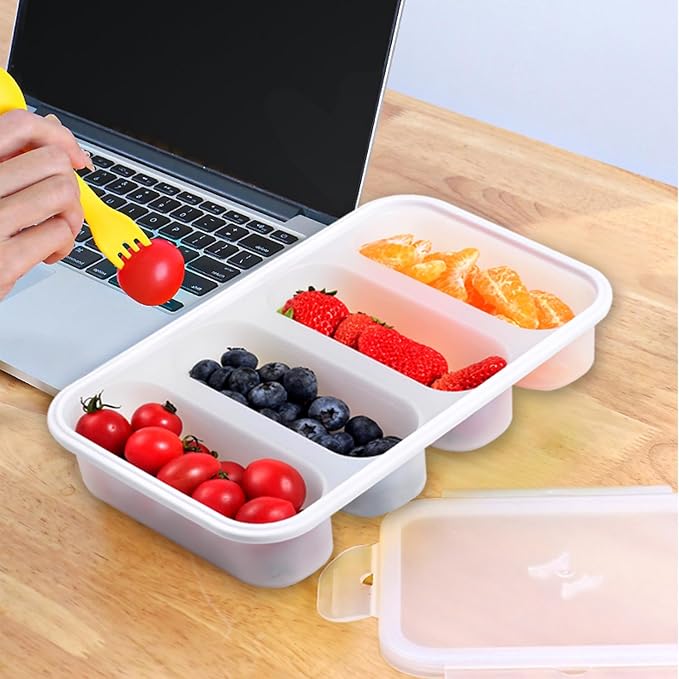 Divided Snack Serving Tray with Lid, Silicone Food Storage Box, Portable Snack Container with 4 Compartments, Microwave & Dishwasher Safe, White, Divided Bento Snack Box for Work, Travel or Picnics