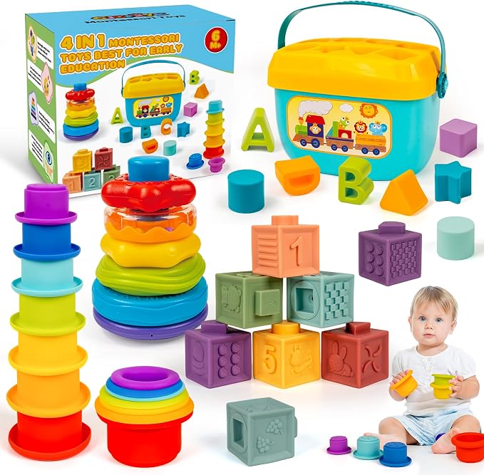 Montessori Baby Toys for Ages 6–18 Months with Sensory Shape Sorter Matching Game Toy Stacking Ring Soft Building Blocks Developmental Learning Toys for Toddlers 1+ Year Old