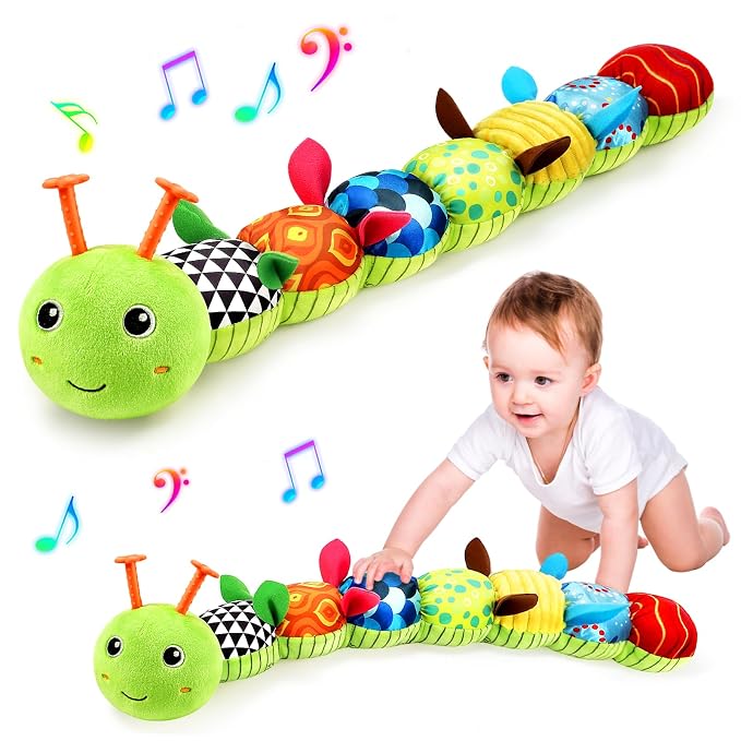 Baby Sensory Toys 0-6 6-12 Months, Stuffed Musical Caterpillar Animal Toys for Babies 3-6 Months with Rattles Crinkle Squeaker, Infant Tummy Time Toys for Newborn Baby Boy Girl Gifts, Green