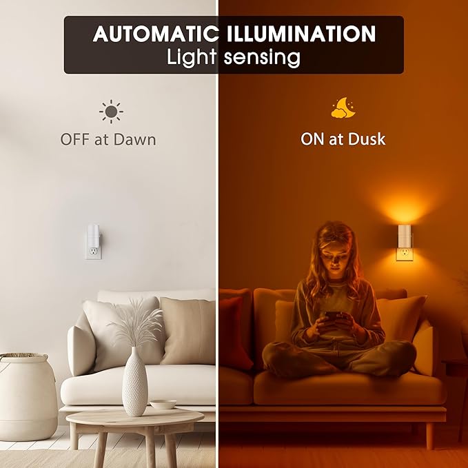 Briignite Night Lights Plug into Wall, Modern LED Night Light Plug in, Dusk to Dawn Sensor,Amber Night Light 0-100LM Adjustable Brightness, Dimmable NightLight for Hallway, Bedroom, Stairway, 2 Pack