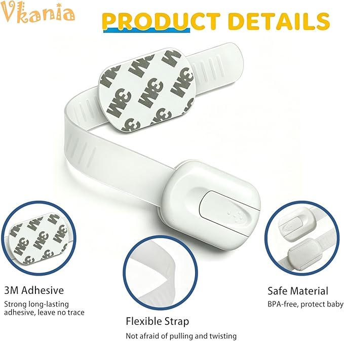 12-Pack Child Safety Cabinet Locks, No Drill Adjustable Strong Adhesive Straps, Toddler Baby Proofing for Cabinets Drawers Fridge Toilet Oven Cupboard