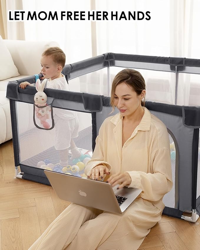 dearlomum Baby Playpen with Non Removable Mat, Extra Large Play Yard for Babies & Toddlers, Portable Travel Playpen, Baby Activity Center for Indoor & Outdoor Use (Grey 50"×50")