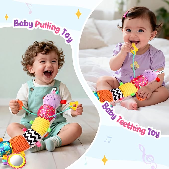 Baby Sensory Toys for 0-6 6-12 Months, Musical Stuffed Caterpillar Animal Toys for Infant 3 6 9 12 18 Months, Tummy Time Toys with Mirror Rattle Crinkle for Newborn Boys Girls Shower Gifts