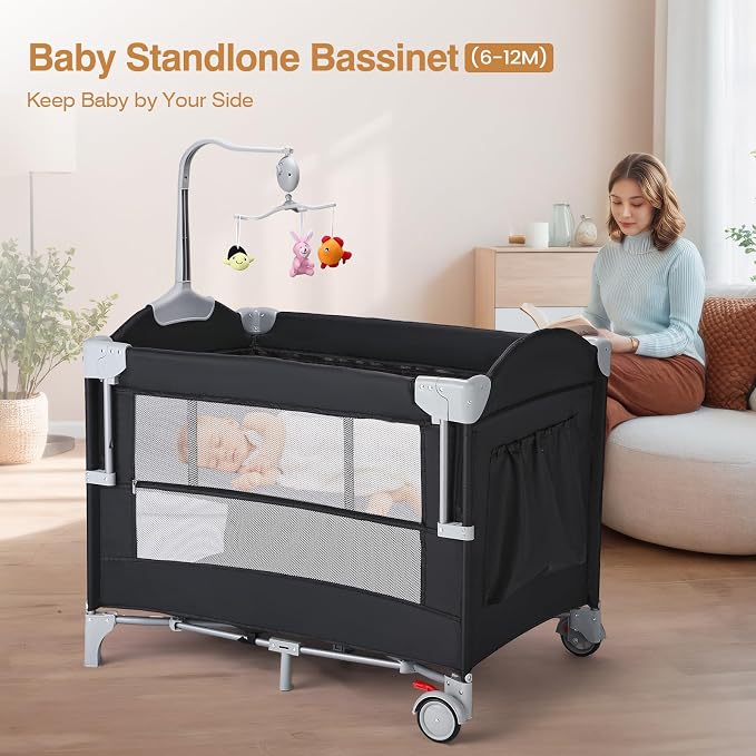 JOYMOR 4 in 1 Pack and Play, Baby Bedside Bassinet, Sturdy Play Yard with Padded Mat and Music Bar with Soft Animals