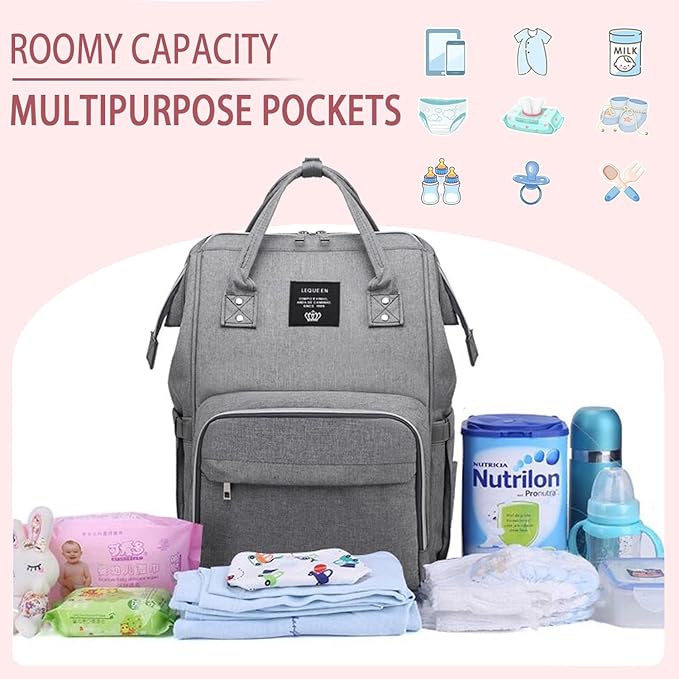 Diaper Bag Backpack for Mom Dad, Maternity Changing Bag Diaper Backpack with Stroller Straps(USB-grey)