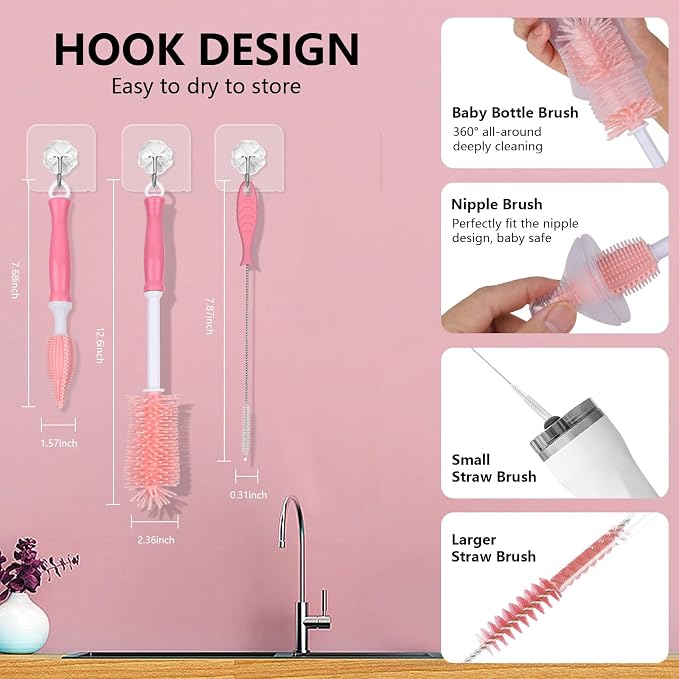 Silicone Bottle Cleaning Brush,Baby Travel Essential Bottle Brush Set, 3 in 1 Silicone Brush, Nipple Brush, Straw Brush