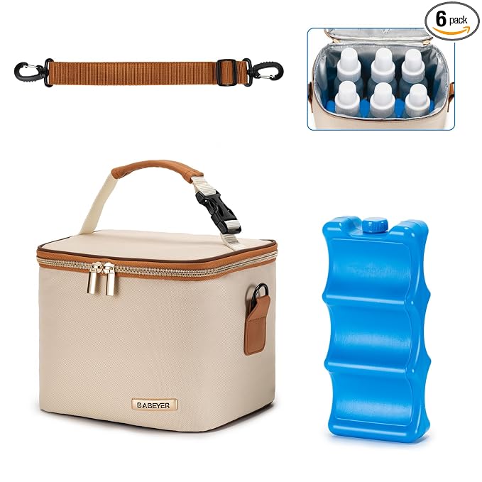 Breastmilk Cooler Bag with Ice Pack Fits 6 Baby Bottles Up to 5 Ounce, Baby Bottle Bag with Shoulder Strap for Nursing Mom Daycare, Cream