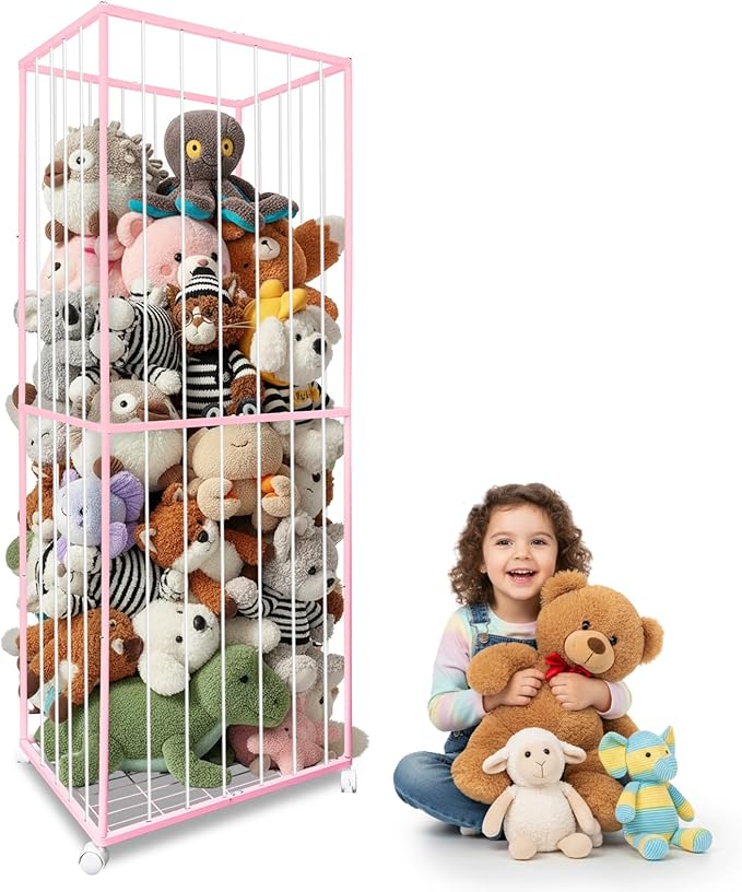 Stuffed Animal Storage, Metal Tube Extra Large Toy Storage Organizer with Brake Wheels, Stuffed Animal Holder Zoo Organizer for Nursery Playroom Kids Room Pink(61??x 23.6?�x 16.5??