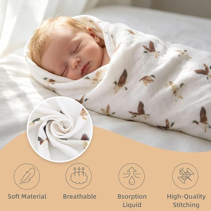LifeTree Baby Swaddle Blankets, Boys Girls Muslin Swaddling Wrap Receiving Blanket for Newborn, 70% Viscose from Bamboo and 30% Cotton, Large 47" x 47", Duck and Coffee Checkered