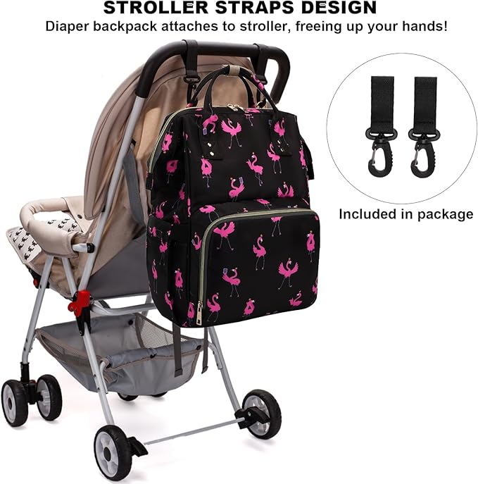 Flamingo Baby Diaper Bag Backpack for Women, Large Capacity Waterproof Maternity Travel Nappy Backpacks with Stroller Straps