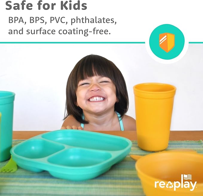 Re-Play Toddler Plates with Dividers - Deep-Walled 3 Compartments Divided Plates for Kids - Dishwasher & Microwave Safe - Made in USA - Set of 3, Bubble Pop