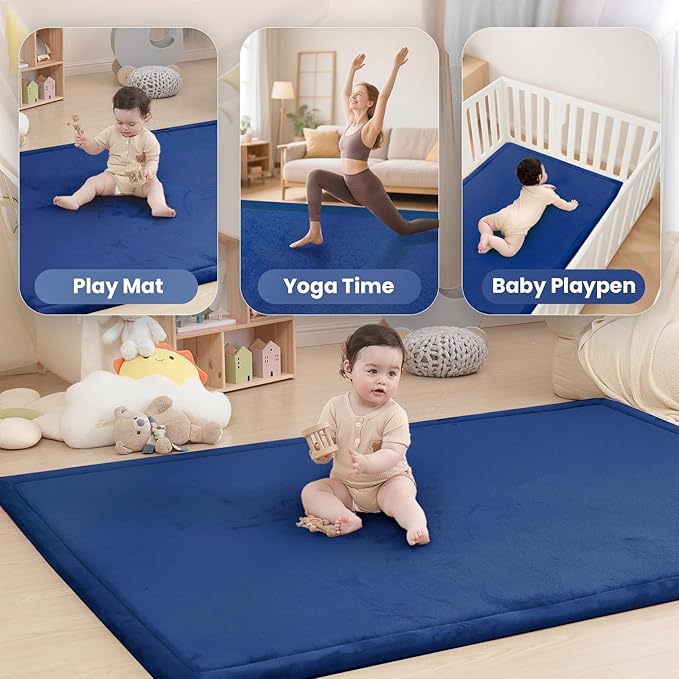 Huloo Sleep Ultra Soft Baby Play Mat for Floor, 1.3" Thick Elasti-Foam 59x59 Play Mat for Playpen,Water-Repellent Coral Velvet for Tummy Time, Non-Slip Backing,Safe for Toddlers & Infants（Dark Blue）