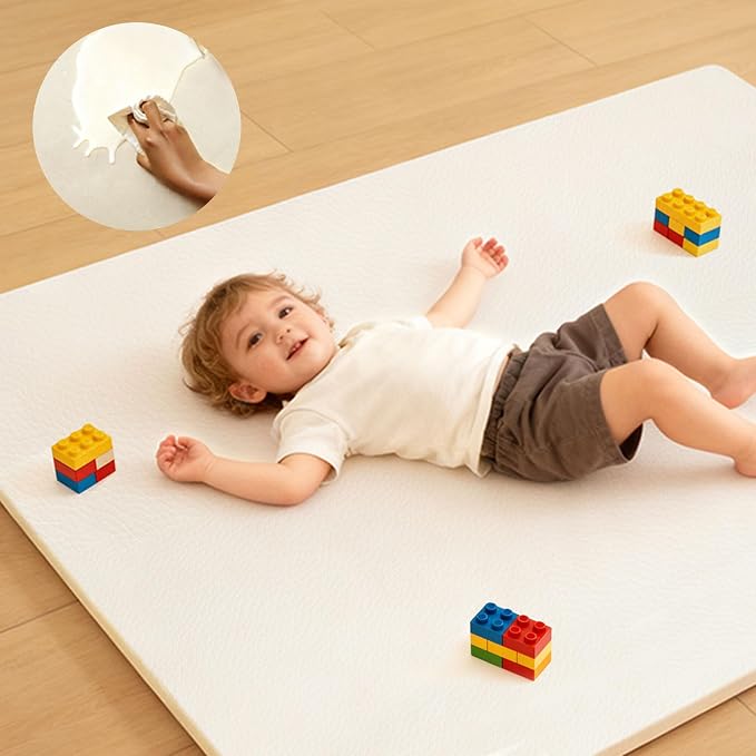 Baby Play Mat for Floor, 74"×50" Playpen Mat, 1.3" Thick Elasti-Foam, Non-Slip Crawling Mat for Tummy Time, Waterproof & Wipe-Clean Playmat for Toddler,Infant, Kids (Beige)