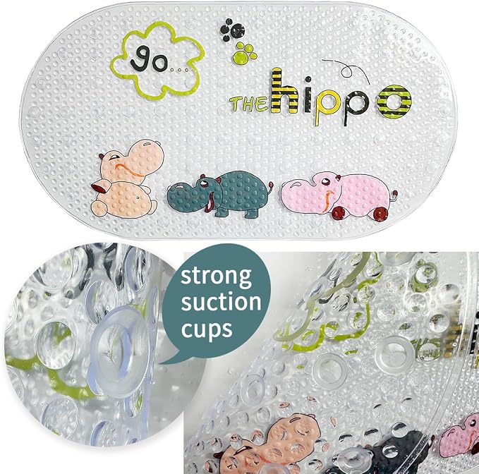 PTAPIPI Sea Animal Kids Bath Mat - 27x15 Inch Oval PVC Mat with Suction Cups, Machine Washable, Colorful Design for Children (Cute Hippopotamus)