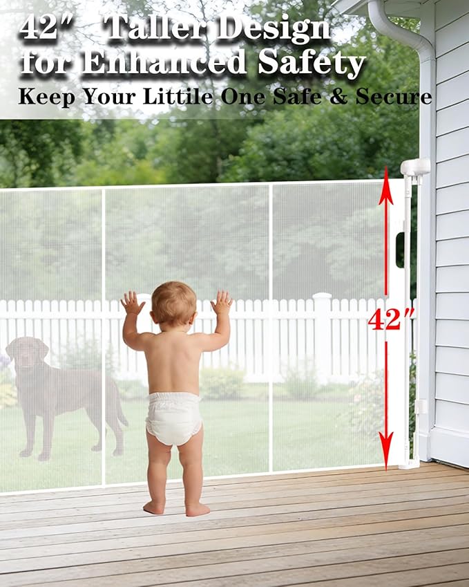 200'' Extra Wide Retractable Baby Gates for Large Opening, 42" Tall Retractable Dog Pet Gate with Support Rods, Long Mesh Screen Child Safety Gate for Garage Doorways Deck Stairs Yard Outdoor Indoor