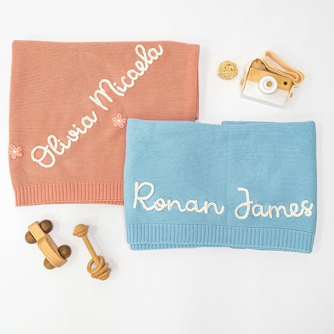 Luxury Personalized Name Baby Blanket, Hand-Embroidered Name Baby Blanket, Soft Breathable Cotton Knit Kids Blankets, Newborn Kid Gift, New Mom Gifts, Newborn Kids Girl & Boy Gift 6