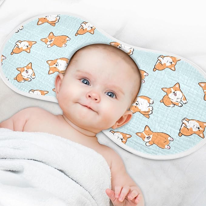Muslin Baby Burp Cloths Set of 1, Soft Cute Corgi Dog Absorbent Muslin Washcloths, Bibs, Face Towel for Newborn Boys Girls, 22 x 11 Inch
